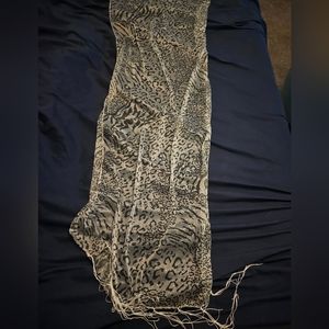 White and Black Animal Print Scarf With Rhinestones